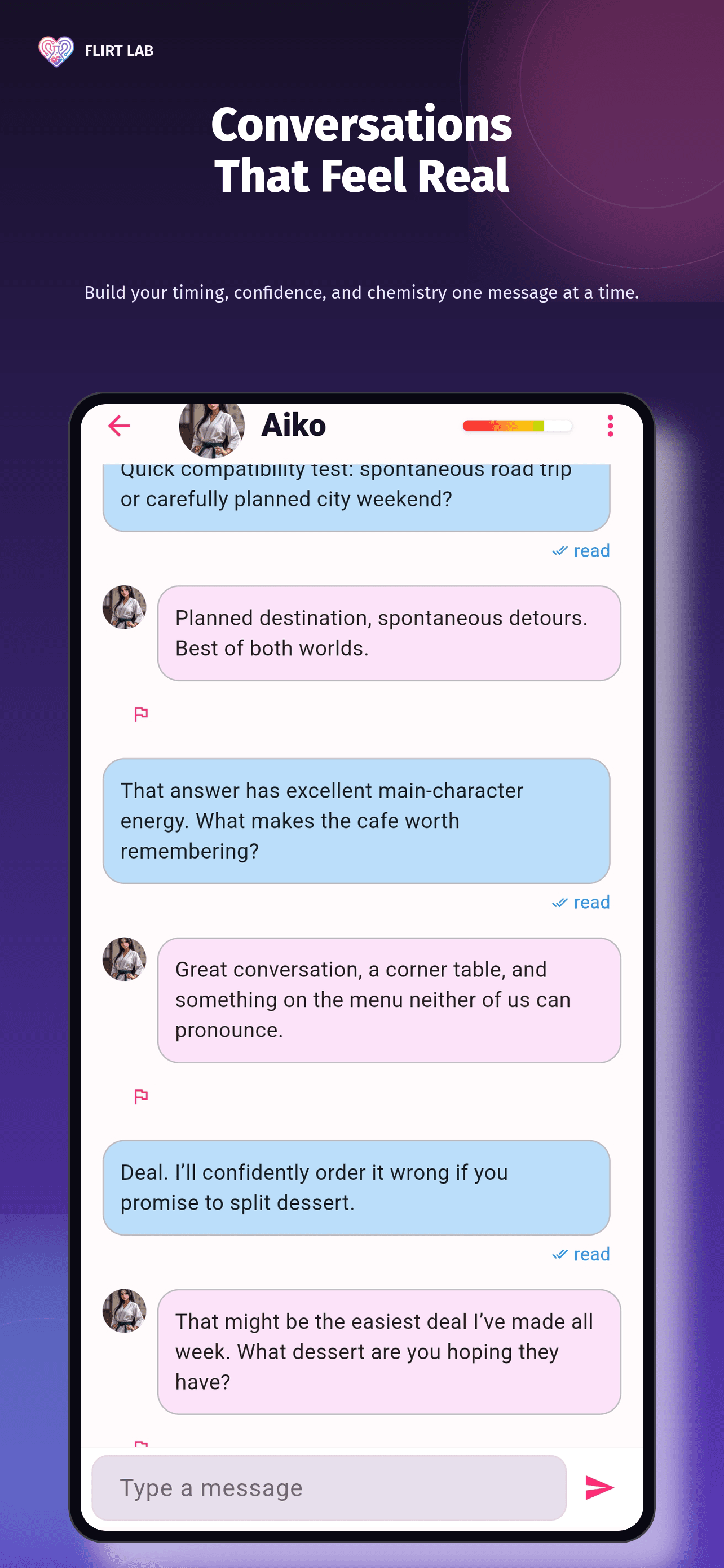 A practice conversation in Flirt Lab